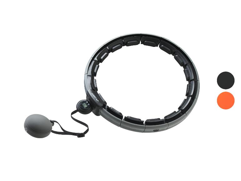 Szaro-czarne inteligentne hula-hoop z cyfrowym licznikiem i dołączoną kulą obciążającą.