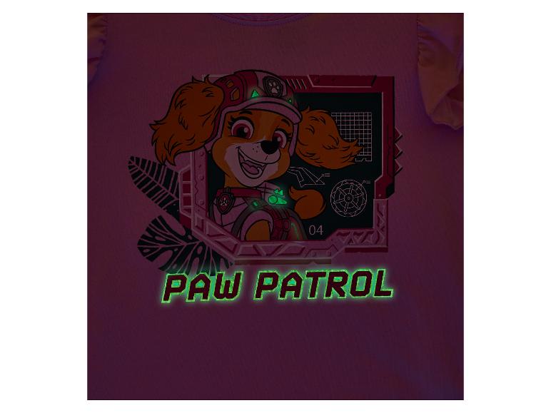 Różowa koszulka z motywem uśmiechniętego szczeniaka i świecącym napisem „PAW PATROL”.