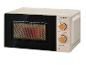 Beżowa kuchenka mikrofalowa w stylu retro z drewnianymi pokrętłami, ustawiona na 700W i 10 minut.
