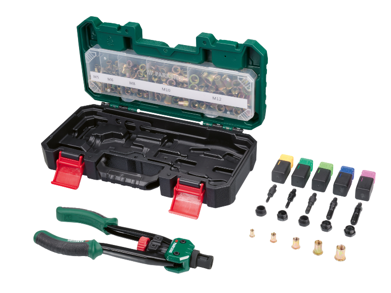 Zestaw narzędzi do nitowania z nitownicą ręczną i różnymi nakrętkami nitowymi M5-M12