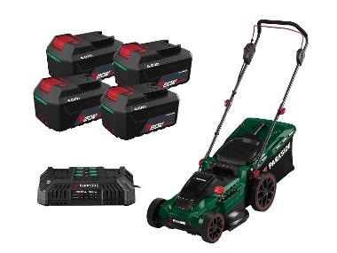 PARKSIDE® Zestaw: Kosiarka 40 V z 4 akumulatorami 20V, 4 Ah i podwójną ładowarką, 2 x 4,5 A