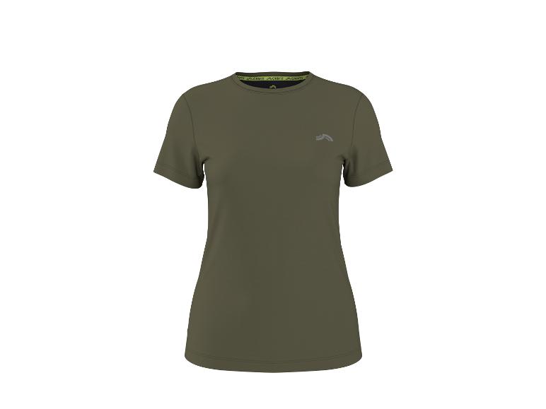 Khaki zielona damska koszulka sportowa z krótkim rękawem z małym szarym logo na piersi.