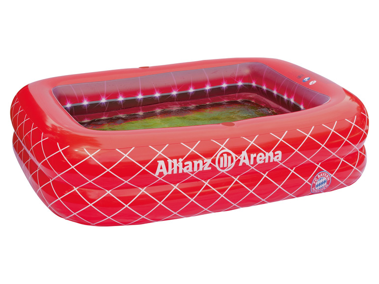 Dmuchany basen z oświetleniem LED, z logo Allianz Arena i FC Bayern Monachium.