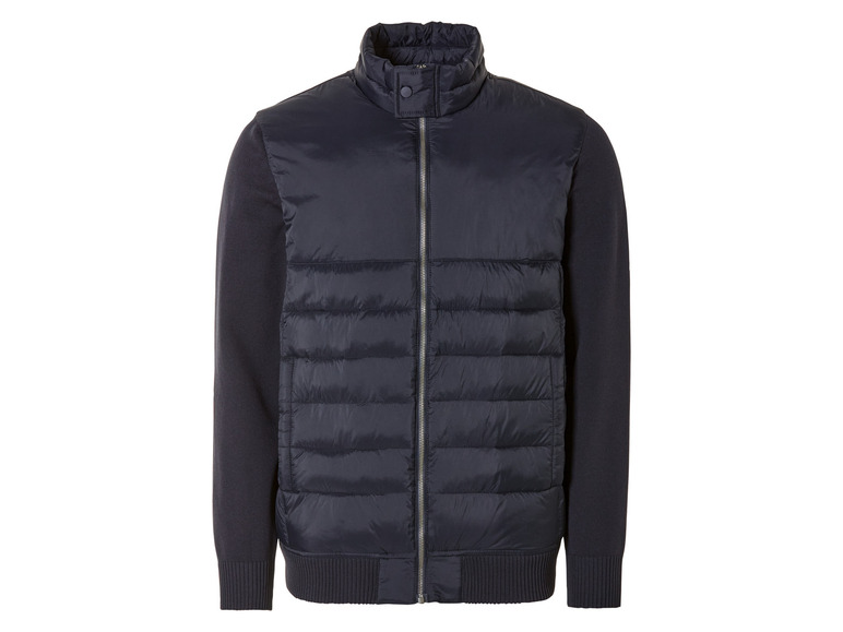 Ciemnoniebieska kurtka bomberowa z pikowaną podszewką.