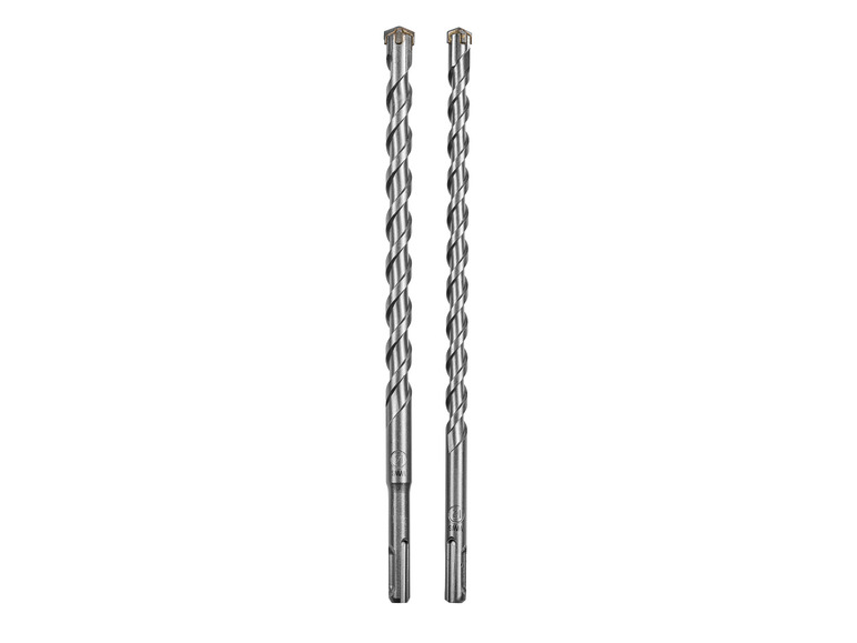 Dwa wiertła do betonu, jedno o średnicy 8 mm, a drugie o średnicy 12 mm.