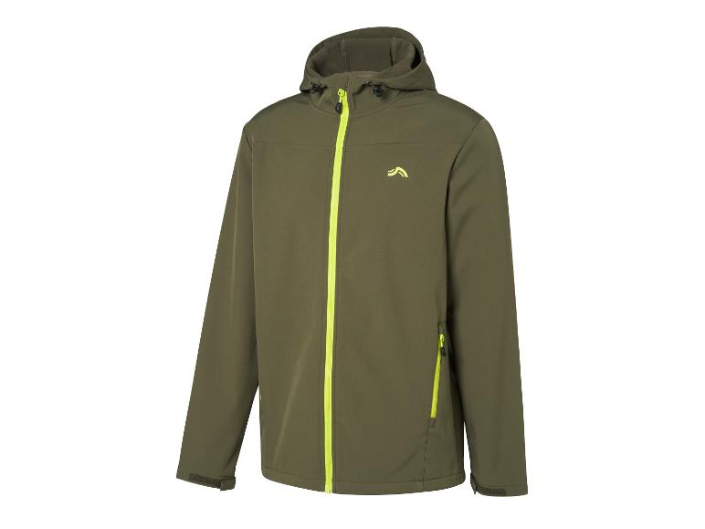 Oliwkowo-zielona kurtka softshell z neonowo-żółtym zamkiem i logo.