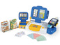 Niebieska kasa fiskalna Smoby z zabawkowymi pieniędzmi, kartą kredytową i opakowaniami ciasteczek i makaronu.