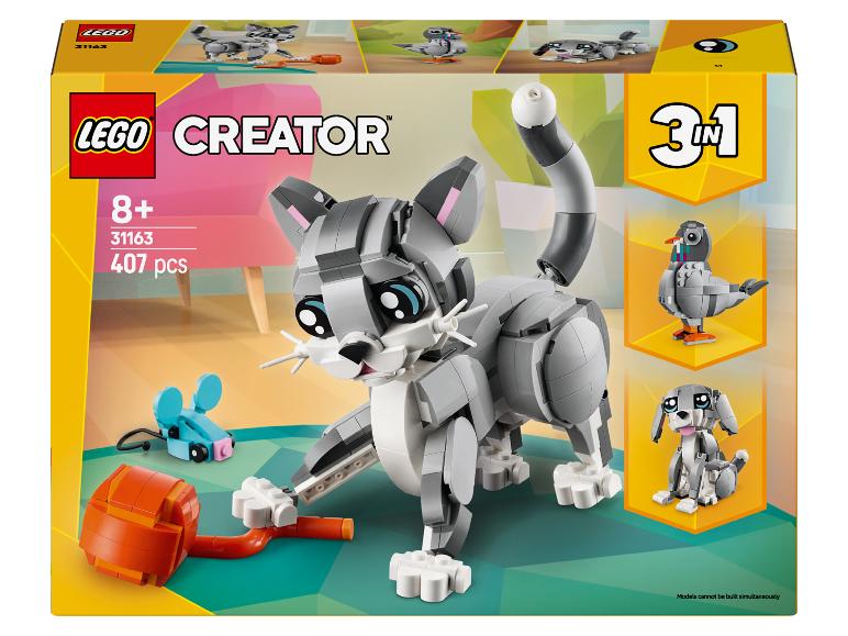 Zestaw LEGO Creator 3 w 1 z kotem, myszą, ptakiem i psem.