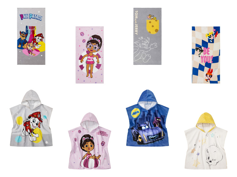Ręczniki plażowe i szlafroki kąpielowe z motywami Psi Patrol, Gabby's Dollhouse, Tom i Jerry oraz Powerpuff Girls.