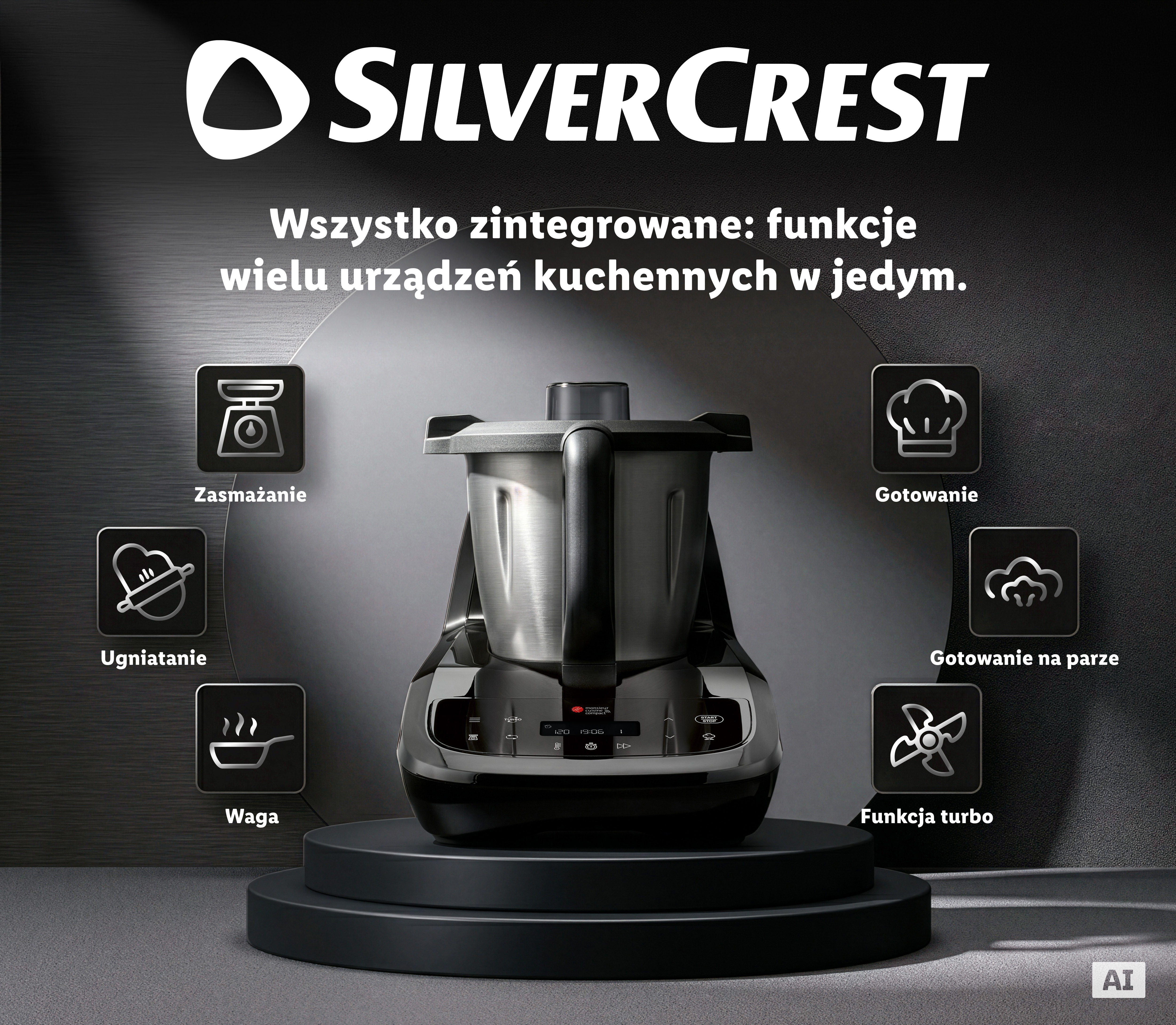 Zdjęcie przeglądowe Monsieur Cuisine compact z wyróżnionymi funkcjami i wbudowanymi opcjami na ciemnym tle (wygenerowane przez AI)