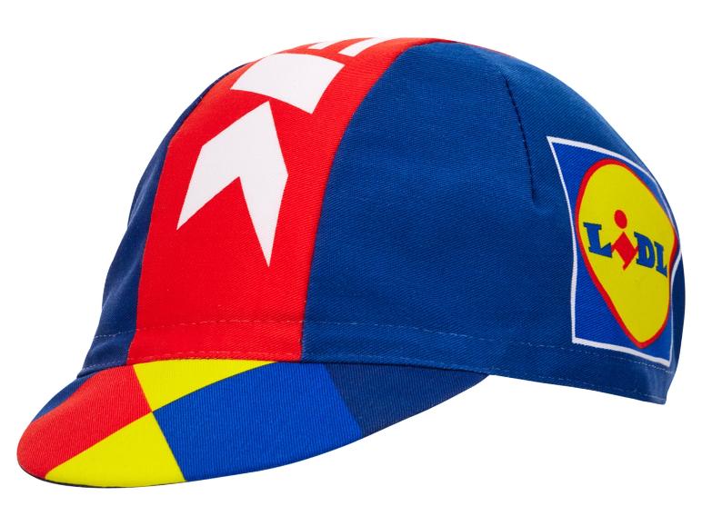 Czapka kolarska Lidl: czerwona, niebieska, żółta.