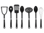 Zestaw przyborów kuchennych SilverCrest: tłuczek do ziemniaków, podajnik do spaghetti, szpatułka, łyżka, chochla cedzakowa i trzepaczka.