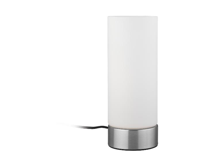 Lampa stołowa z białym szklanym kloszem i metalową podstawą.