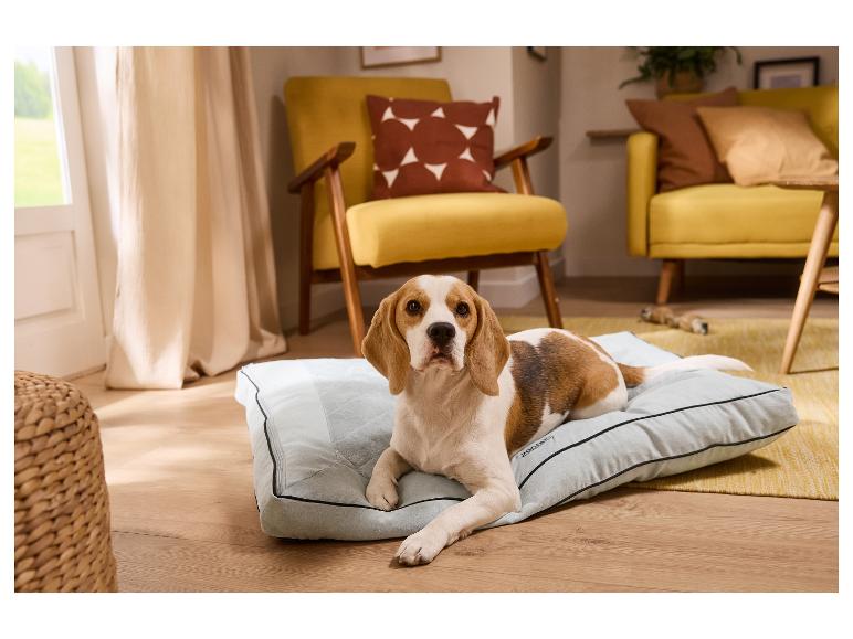 Pies beagle leżący na szarej poduszce dla psa w salonie z żółtymi meblami.