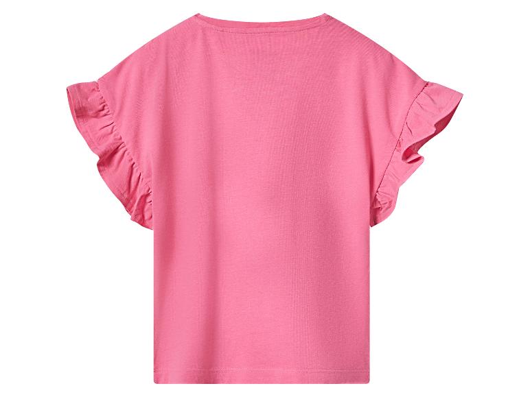Różowy T-shirt dziecięcy z falbankami na rękawach