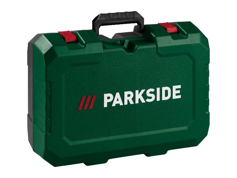 Zielona skrzynka narzędziowa Parkside z czerwonymi zatrzaskami i czarną rączką.