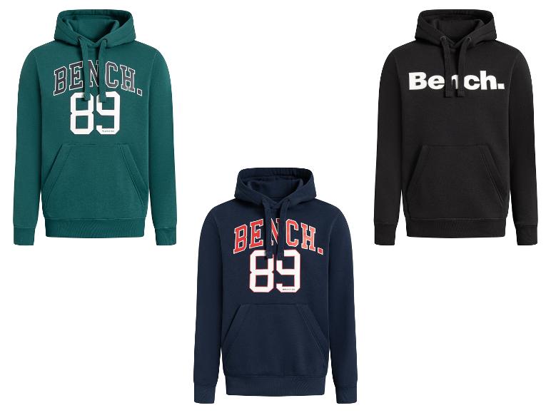 Trzy bluzy Bench z kapturem: zielona, granatowa z napisem „BENCH. 89” i czarna z logo „Bench.”.