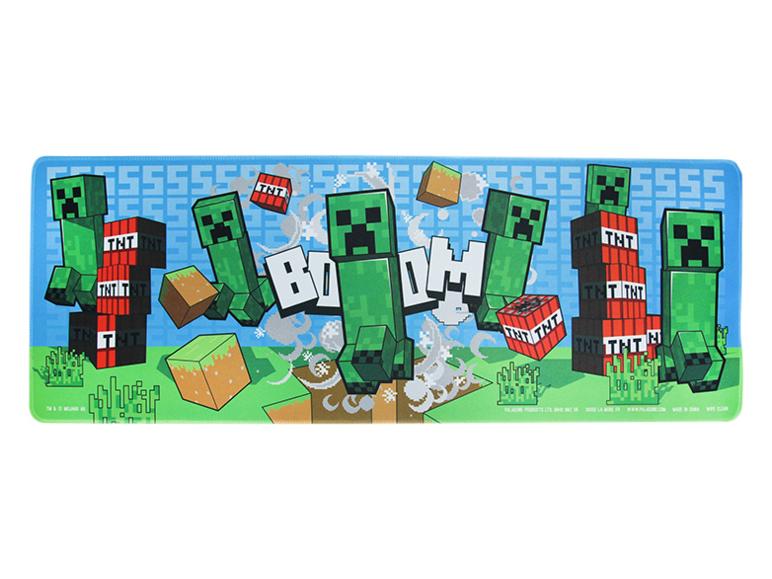 Podkładka na biurko z motywem Minecraft z Creeperami, blokami TNT i napisem 'BOOM'.