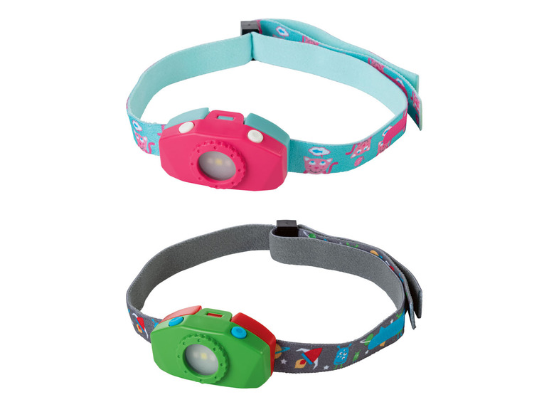 Dwie dziecięce lampki czołowe z nadrukiem kotów i statku kosmicznego