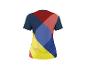 T-shirt damski z krótkim rękawem w geometryczny wzór w kolorach czerwonym, niebieskim i żółtym.
