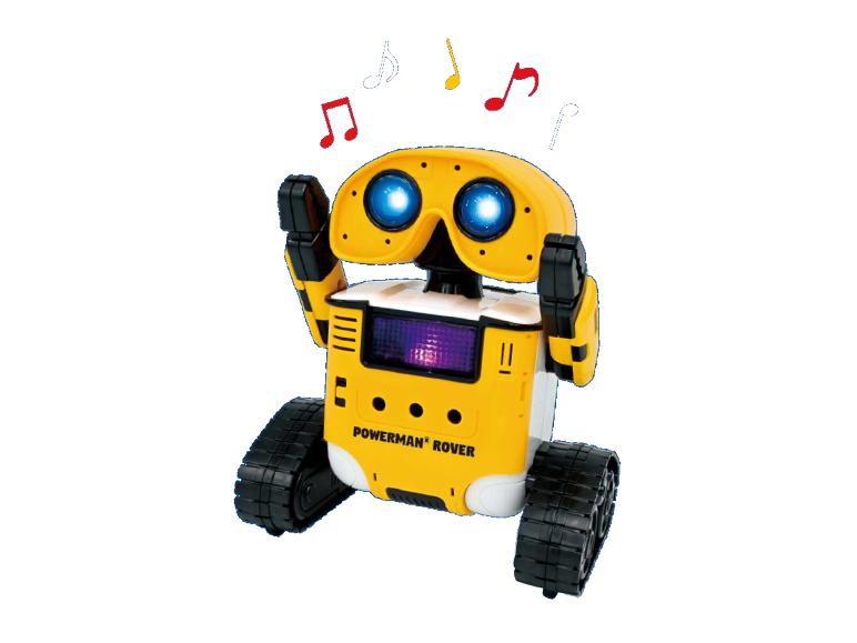Żółto-biały robot na gąsienicach, z świecącymi niebieskimi oczami i nutami muzycznymi nad głową.