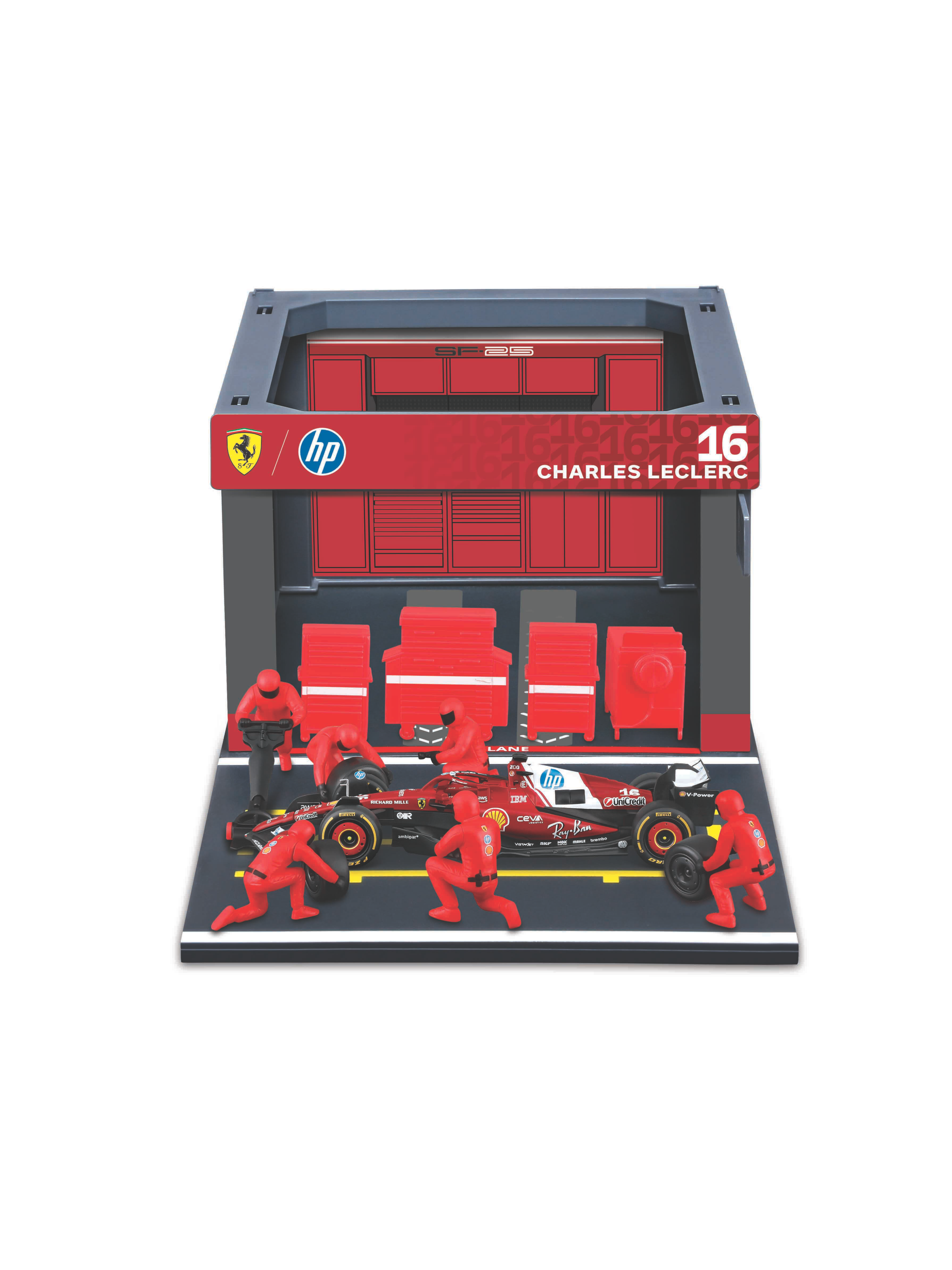 BBURAGO Model bolidu F1 Pit Pass, 1:43 (Ferrari SF-25 nr 16 Leclerc '25)
