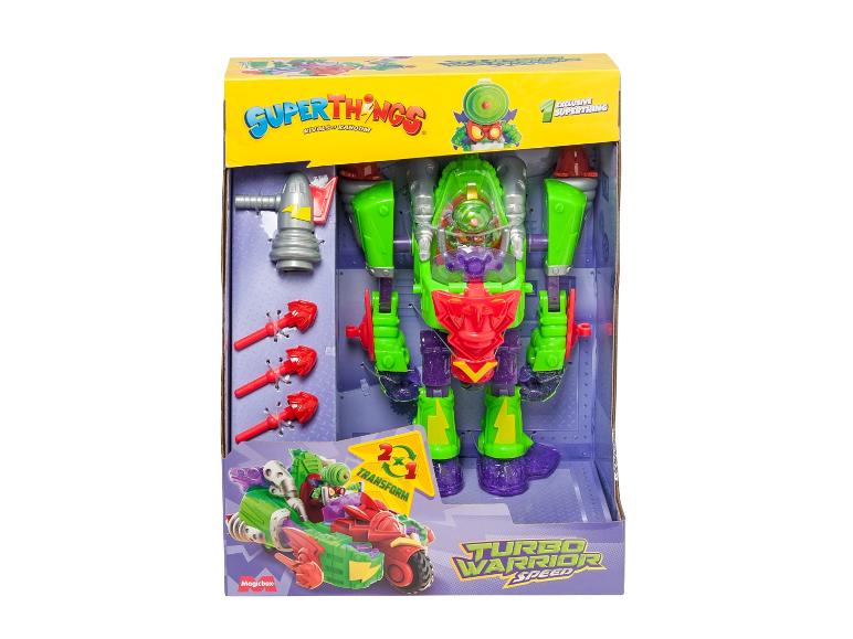 Zabawka SuperThings Turbo Warrior Speed, zielono-fioletowy robot w otwartym pudełku.