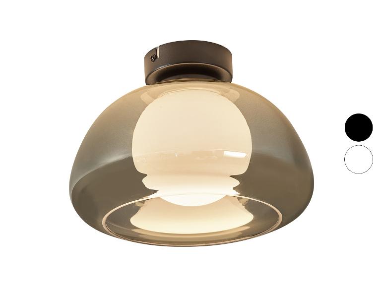 Lampa sufitowa z przydymionym szklanym kloszem i białym wewnętrznym dyfuzorem, z opcjami koloru czarnego i białego.