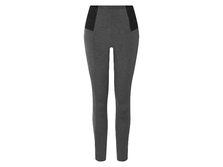Szare legginsy z czarnymi detalami.