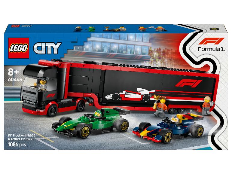 Zestaw LEGO City Ciężarówka F1 z samochodami F1 RB20 i AMR24, 1086 elementów.