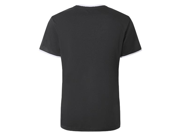 Czarny T-shirt z krótkim rękawem i białym wykończeniem dekoltu i rękawów, widok z tyłu.