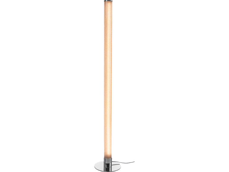 Lampa podłogowa kolumnowa ze złotym brokatem, chromowaną podstawą i czarnym kablem.