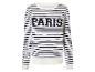 Biała, pasiasta bluza z długimi rękawami z napisem 'PARIS'.