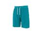 Turkusowe szorty dresowe z białym sznurkiem.