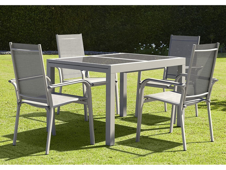 Pełny ekran: LIVARNO home Zestaw aluminiowych mebli ogrodowych Houston (stół rozsuwany + 4 krzesła sztaplowane), srebrny/ szary - zdjęcie 1