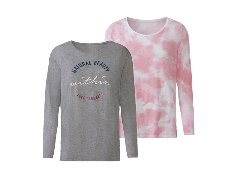 Dwa długorękawne t-shirty: szary t-shirt z napisem 'Natural beauty within, love yourself' i różowy t-shirt z tie-dye.
