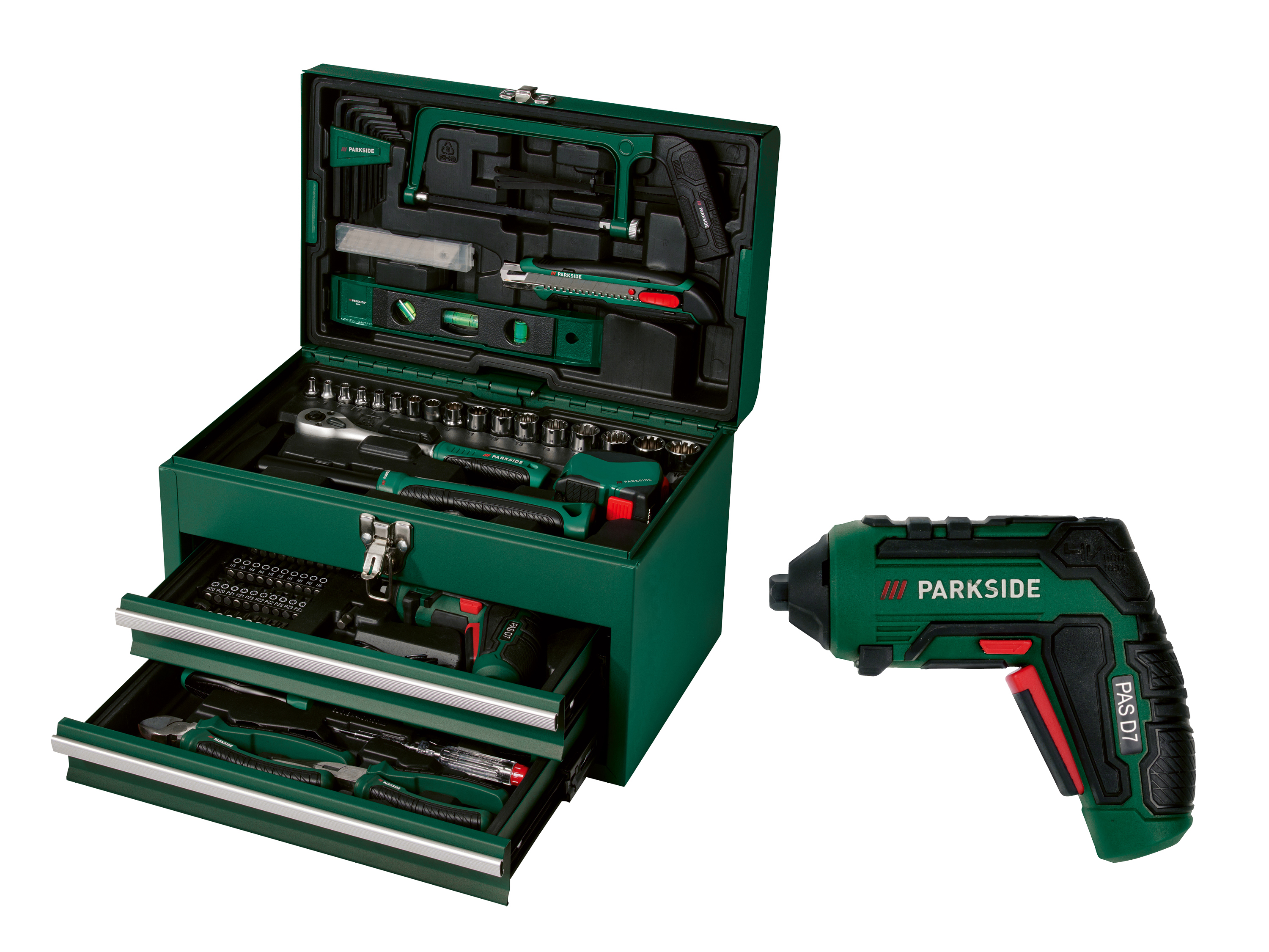 PARKSIDE® Skrzynka narzędziowa z wkrętarką 4V, 92 elementy