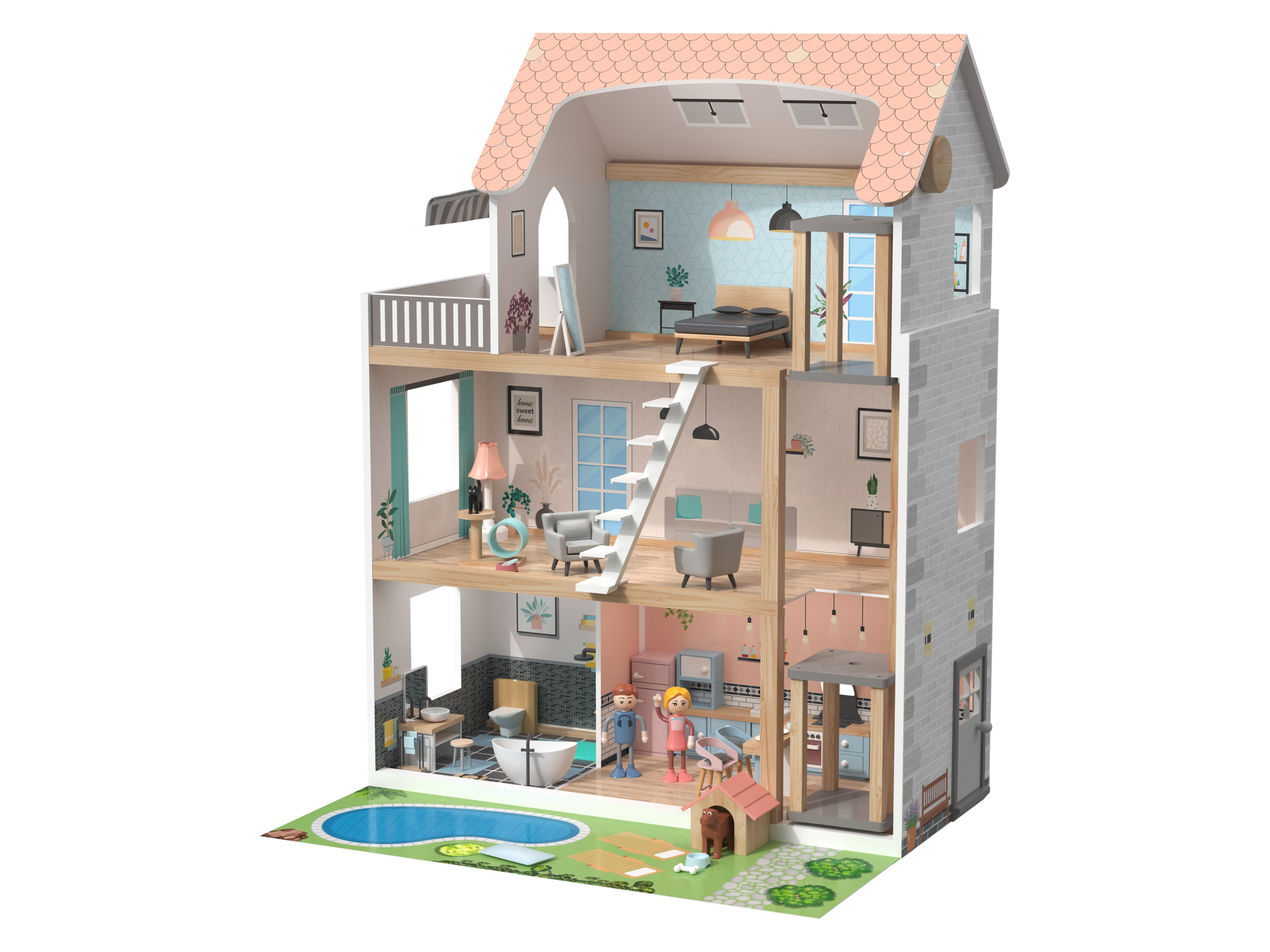 lupilu® Drewniany domek dla lalek XXL, 54 elementy