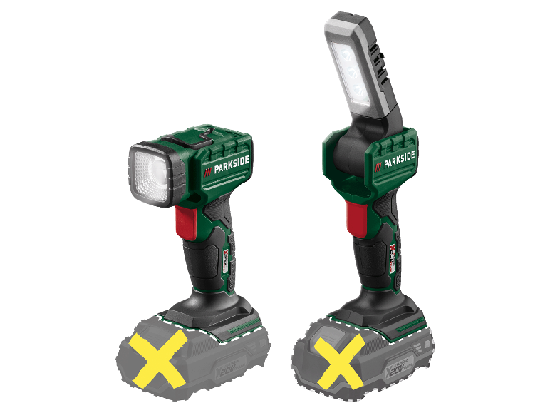 Dwie lampy robocze Parkside X20V Team z różnymi głowicami.