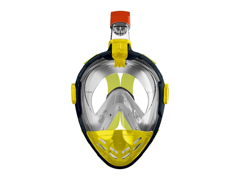 Żółto-czarna maska do snorkelingu z wbudowaną fajką do nurkowania powierzchniowego.