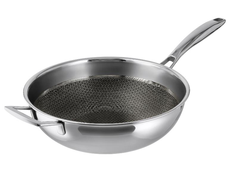 Wok ze stali nierdzewnej z długą rączką i uchwytem pomocniczym, z teksturowanym wnętrzem.