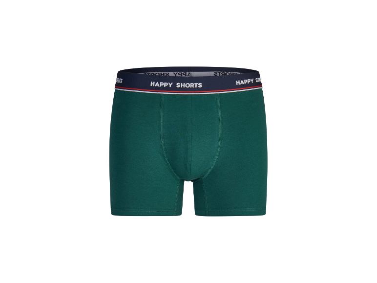 Zielone bokserki z granatową elastyczną gumką i napisem „HAPPY SHORTS”.