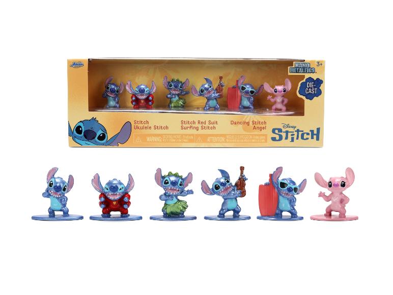 Zestaw metalowych figurek Disney Stitch, w tym Stitch, Stitch z ukulele, Stitch w czerwonym kombinezonie, Stitch surfer, tańczący Stitch i Angel.