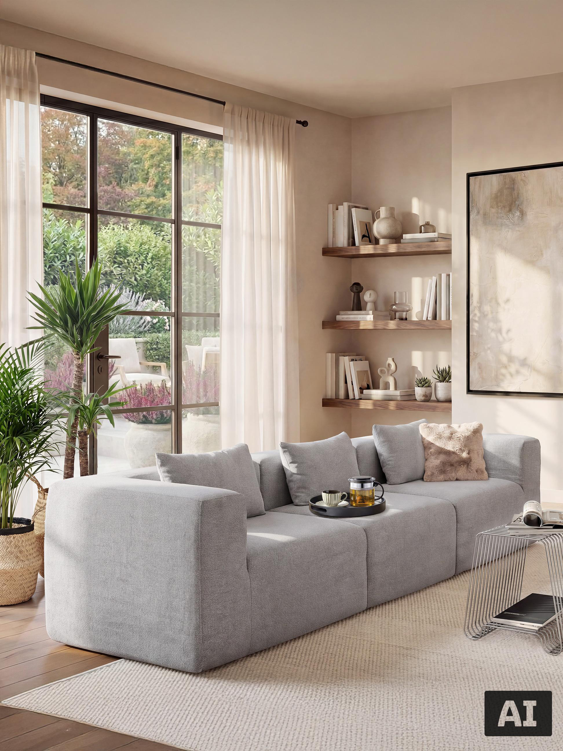 Szara sofa modułowa w jasnym salonie w stylu skandynawskim.