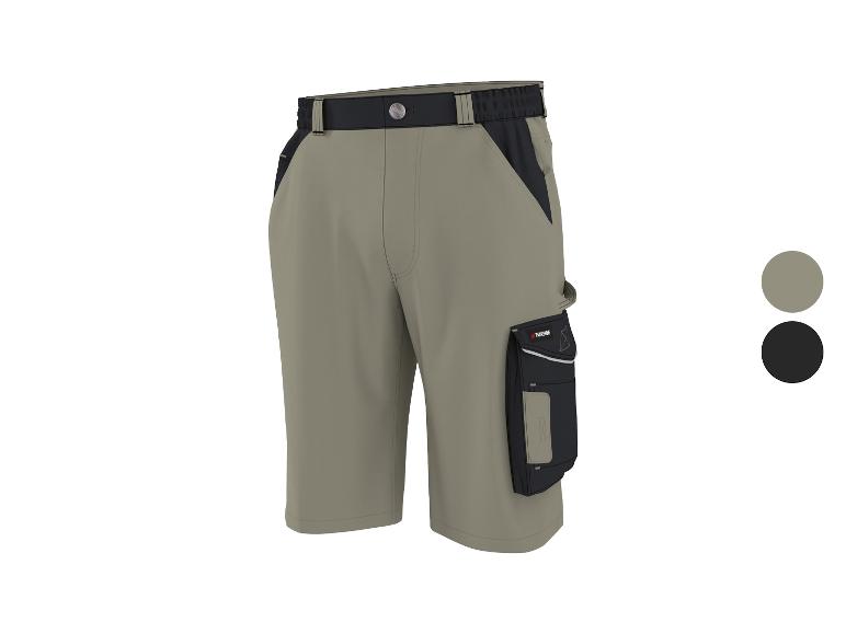Spodenki robocze w kolorze khaki z czarnymi detalami i boczną kieszenią.