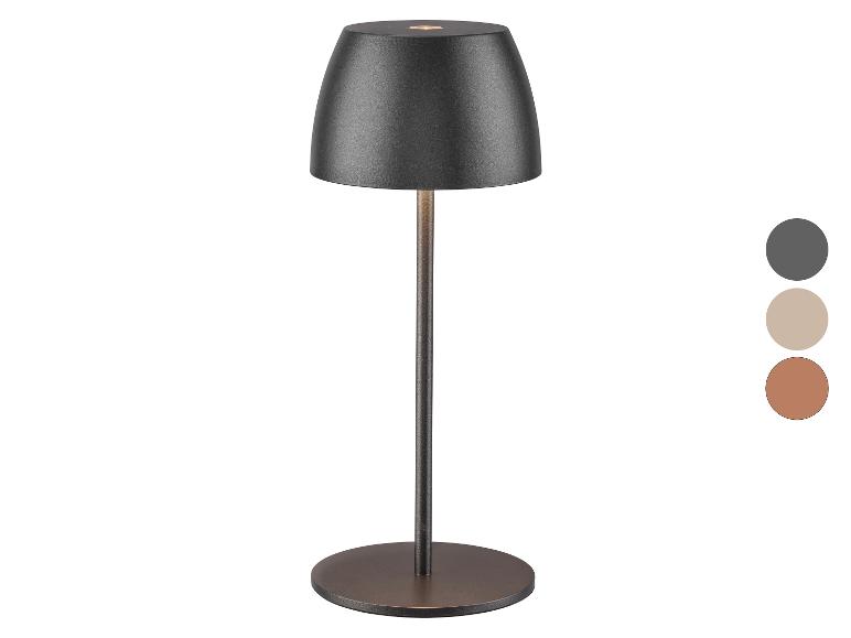 Przenośna lampa stołowa w kolorze ciemnoszarym z trzema opcjami kolorystycznymi.