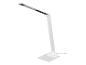 Nowoczesna biała lampka biurkowa LED z regulowanym ramieniem i dotykową podstawą.