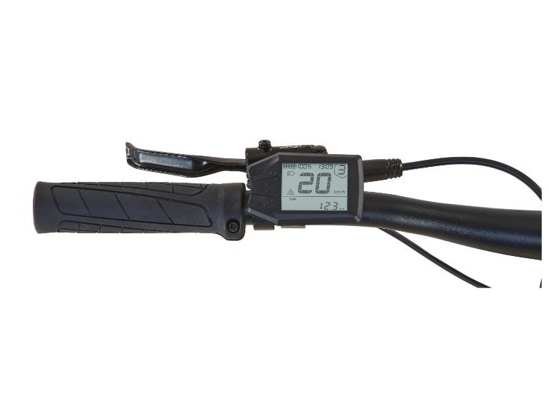 Panel sterowania i manetka roweru elektrycznego Shimano z wyświetlaczem LCD.