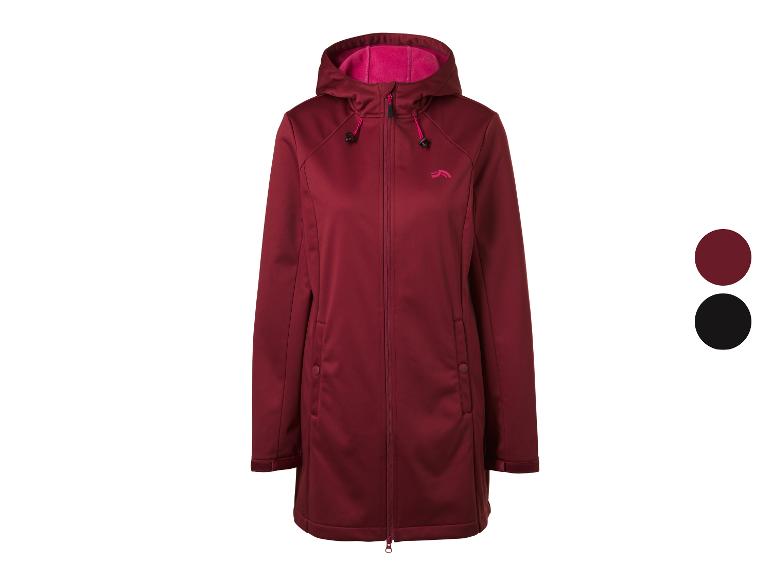 Długa damska kurtka softshell w kolorze ciemnoczerwonym z różową podszewką kaptura