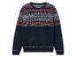Granatowy sweter z norweskim wzorem w kolorze czerwonym i białym.